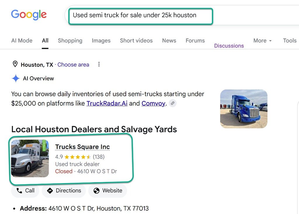 Google AI Overview recommending Trucks Square Inc as verified local Houston dealer for used semi trucks for sale under 25k