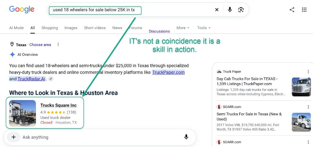 Google AI Overview for used 18 wheelers for sale below 25K in TX recommending Trucks Square Inc in Houston Area