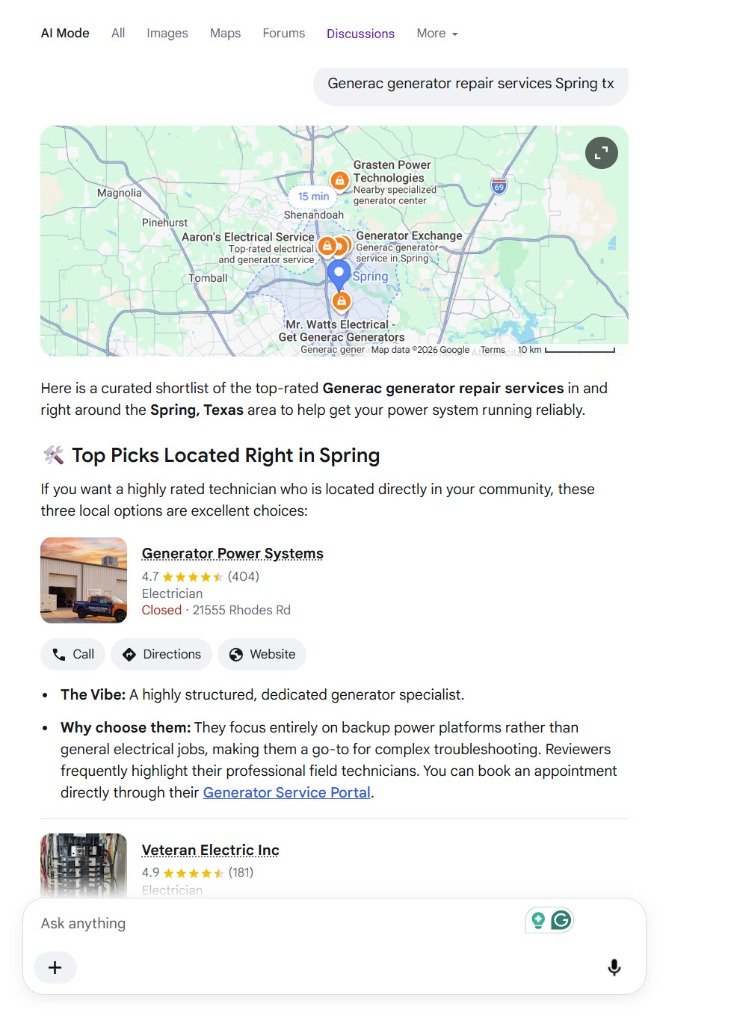 Google AI Overview recommending Veteran Electric Inc as a top Generac generator repair service in Spring TX with verified 4.9-star rating